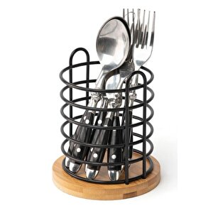 Dekoratif Bambu Tabanlı Siyah Metal Mutfak Aleti Ve Çatal Bıçak Tutucusu - 15,5 Cm Yükseklik