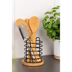 Dekoratif Bambu Tabanlı Siyah Metal Mutfak Aleti Ve Çatal Bıçak Tutucusu - 15,5 Cm Yükseklik