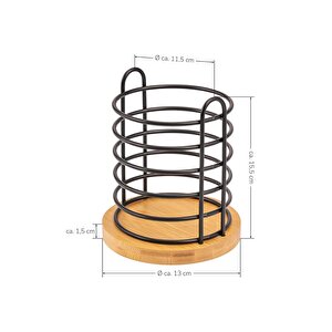 Dekoratif Bambu Tabanlı Siyah Metal Mutfak Aleti Ve Çatal Bıçak Tutucusu - 15,5 Cm Yükseklik