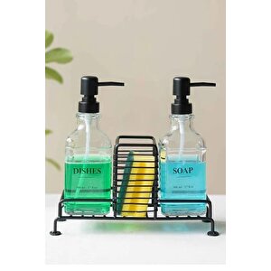Mutfak Sabun Ve Deterjan Dispenser Seti Demir Çiftli Pompa Ve Sünger Standı 500 Ml Siyah