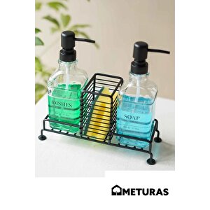 Mutfak Sabun Ve Deterjan Dispenser Seti Demir Çiftli Pompa Ve Sünger Standı 500 Ml Siyah