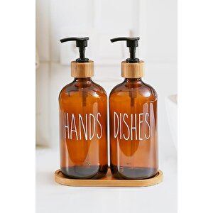 Bambu Standlı Amber Cam Sıvı Sabunluk Seti - 2'li 2 X 475 Ml