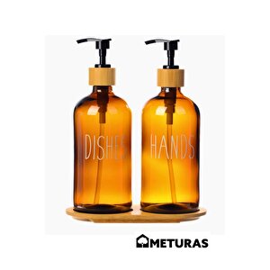 Bambu Standlı Amber Cam Sıvı Sabunluk Seti - 2'li 2 X 475 Ml