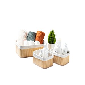 Banyo 3'lü Bambu Ve Jüt Kumaşlı Hasır Dekoratif Organizer Düzenleyici Sepet Seti