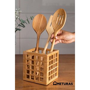 Mutfak Bambu Kare Modern Tasarımlı Kare Kaşıklık Organizer Dekoratif Kutu 13*13*15 Cm