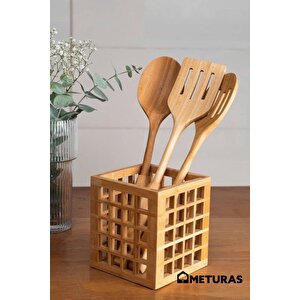 Mutfak Bambu Kare Modern Tasarımlı Kare Kaşıklık Organizer Dekoratif Kutu 13*13*15 Cm