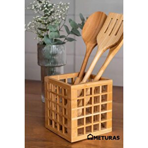 Mutfak Bambu Kare Modern Tasarımlı Kare Kaşıklık Organizer Dekoratif Kutu 13*13*15 Cm