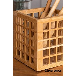 Mutfak Bambu Kare Modern Tasarımlı Kare Kaşıklık Organizer Dekoratif Kutu 13*13*15 Cm