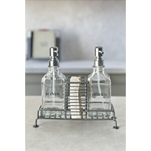 Mutfak Sabun Ve Deterjan Dispenser Seti Demir  Ve Sünger Standı Sabunluk 500 Ml Gümüş Gümüş