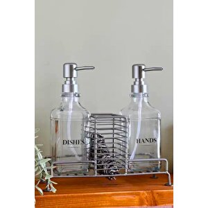 Mutfak Sabun Ve Deterjan Dispenser Seti Demir  Ve Sünger Standı Sabunluk 500 Ml Gümüş
