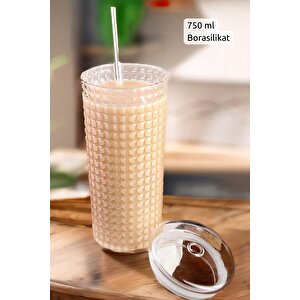 Kapaklı Ve Cam Pipetli 750ml Cam Bardak – Borosilikat Cam, Yeniden Kullanılabilir,