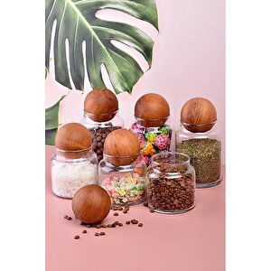 Ahşap Top Kapaklı Cam Kavanoz Baharatlık Kavanoz 300 Ml 6 Adet