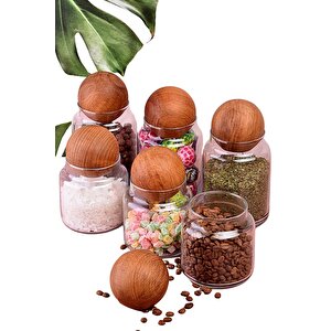 Ahşap Top Kapaklı Cam Kavanoz Baharatlık Kavanoz 300 Ml 6 Adet