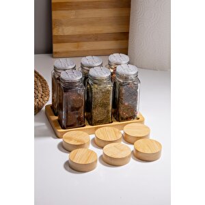 Doğal Bambu Kapaklı 6'lı Cam Baharatlık Seti Vakumlu Kapak Ve Ahşap Stand