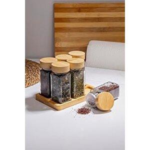 Doğal Bambu Kapaklı 6'lı Cam Baharatlık Seti Vakumlu Kapak Ve Ahşap Stand
