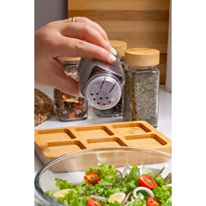 Doğal Bambu Kapaklı 6'lı Cam Baharatlık Seti Vakumlu Kapak Ve Ahşap Stand