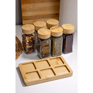 Doğal Bambu Kapaklı 6'lı Cam Baharatlık Seti Vakumlu Kapak Ve Ahşap Stand