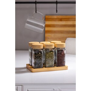 Doğal Bambu Kapaklı 6'lı Cam Baharatlık Seti Vakumlu Kapak Ve Ahşap Stand