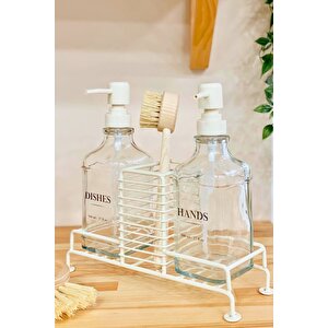 Mutfak Sabun Ve Deterjan Dispenser Seti Demir Çiftli Pompa Ve Sünger Standı Sabunluk 500 Ml Bej Bej
