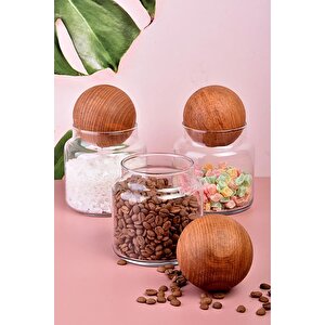Ahşap Top Kapaklı Cam Kavanoz Baharatlık Kavanoz 300 Ml 3 Adet