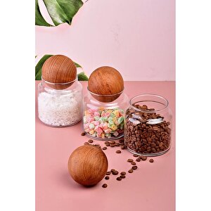 Ahşap Top Kapaklı Cam Kavanoz Baharatlık Kavanoz 300 Ml 3 Adet