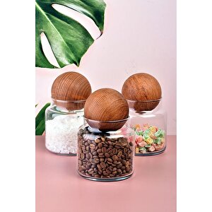Ahşap Top Kapaklı Cam Kavanoz Baharatlık Kavanoz 300 Ml 3 Adet