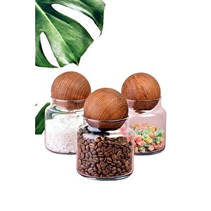 Ahşap Top Kapaklı Cam Kavanoz Baharatlık Kavanoz 300 Ml 3 Adet