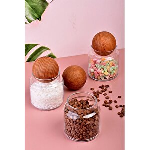 Ahşap Top Kapaklı Cam Kavanoz Baharatlık Kavanoz 300 Ml 3 Adet