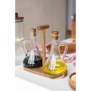 Sofra Borosilikat Cam Akasya Ahşap Standlı Yağdanlık Ve Sirkelik Seti 250 Ml