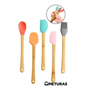Mutfak Bambu Silikon Isıya Dayanıklı Kaşık Kepçe Takımı 5 Li Set Renkli Renkli