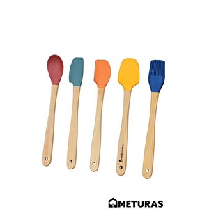 Mutfak Bambu Silikon Isıya Dayanıklı Kaşık Kepçe Takımı 5 Li Set Renkli Renkli