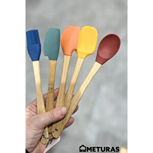 Mutfak Bambu Silikon Isıya Dayanıklı Kaşık Kepçe Takımı 5 Li Set Renkli
