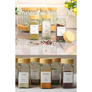 Hava Ve Nem Korumalı Bambu Kapaklı Cam Baharatlık Seti 12'li (120 Ml)