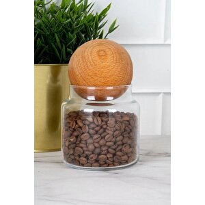 Ahşap Top Kapaklı Cam Kavanoz Baharatlık Kavanoz 300 Ml