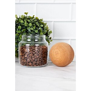 Ahşap Top Kapaklı Cam Kavanoz Baharatlık Kavanoz 300 Ml