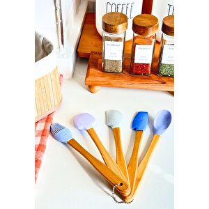 Mutfak Bambu Silikon Isıya Dayanıklı Kaşık Kepçe Takımı 5 Li Set Spatula & Fırça Mavi Mavi
