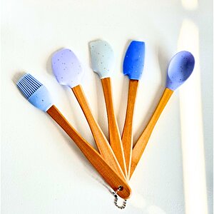 Mutfak Bambu Silikon Isıya Dayanıklı Kaşık Kepçe Takımı 5 Li Set Spatula & Fırça Mavi Mavi