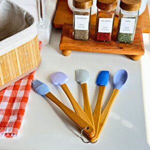 Mutfak Bambu Silikon Isıya Dayanıklı Kaşık Kepçe Takımı 5 Li Set Spatula & Fırça Mavi Mavi