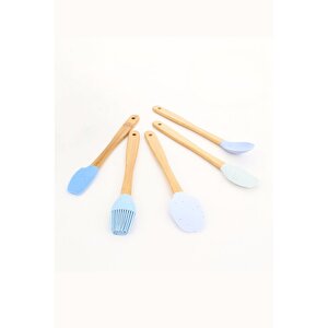 Mutfak Bambu Silikon Isıya Dayanıklı Kaşık Kepçe Takımı 5 Li Set Spatula & Fırça Mavi Mavi