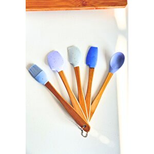 Mutfak Bambu Silikon Isıya Dayanıklı Kaşık Kepçe Takımı 5 Li Set Spatula & Fırça Mavi