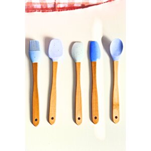 Mutfak Bambu Silikon Isıya Dayanıklı Kaşık Kepçe Takımı 5 Li Set Spatula & Fırça Mavi