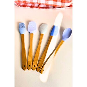 Mutfak Bambu Silikon Isıya Dayanıklı Kaşık Kepçe Takımı 5 Li Set Spatula & Fırça Mavi