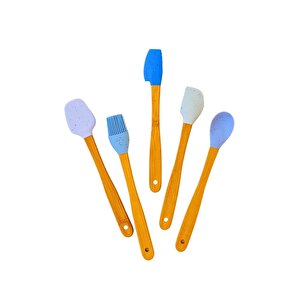 Mutfak Bambu Silikon Isıya Dayanıklı Kaşık Kepçe Takımı 5 Li Set Spatula & Fırça Mavi