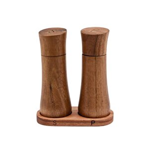 Doğal Akasya Ahşap Tuzluk Ve Karabiberlik Seti - Ergonomik Tasarım Ve Stand Dahil (15 Cm)