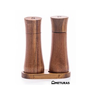 Doğal Akasya Ahşap Tuzluk Ve Karabiberlik Seti - Ergonomik Tasarım Ve Stand Dahil (15 Cm)