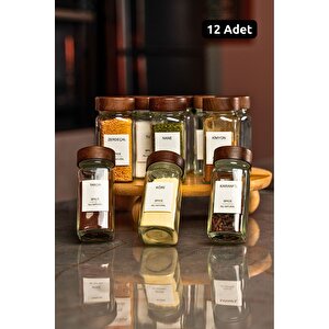 Akasya Kapaklı Cam Baharatlık Seti 12'li (120 Ml) - Hava Ve Nem Koruması