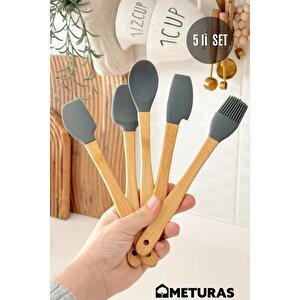 Mutfak Bambu Silikon Isıya Dayanıklı Kaşık Kepçe Takımı Spatula Ahşap Gövde Asılabilir 5 Li Set Gri Gri