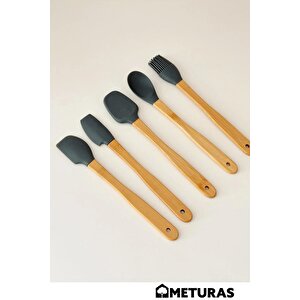 Mutfak Bambu Silikon Isıya Dayanıklı Kaşık Kepçe Takımı Spatula Ahşap Gövde Asılabilir 5 Li Set Gri Gri