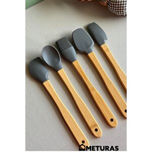 Mutfak Bambu Silikon Isıya Dayanıklı Kaşık Kepçe Takımı Spatula Ahşap Gövde Asılabilir 5 Li Set Gri