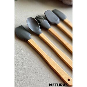 Mutfak Bambu Silikon Isıya Dayanıklı Kaşık Kepçe Takımı Spatula Ahşap Gövde Asılabilir 5 Li Set Gri